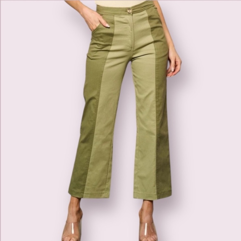 Two-Tone Olive High-Waist Wide-Leg Pants M (4/6)